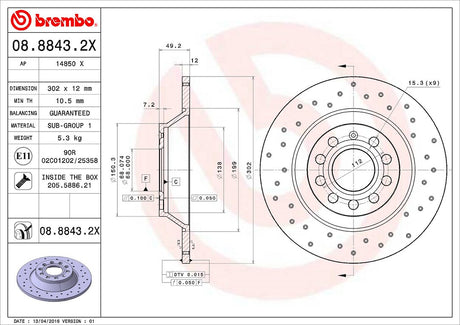 Product of Brembo 0888432XC02 Xtra Solid Cross Drilled 1 Piece Brake Rotor 