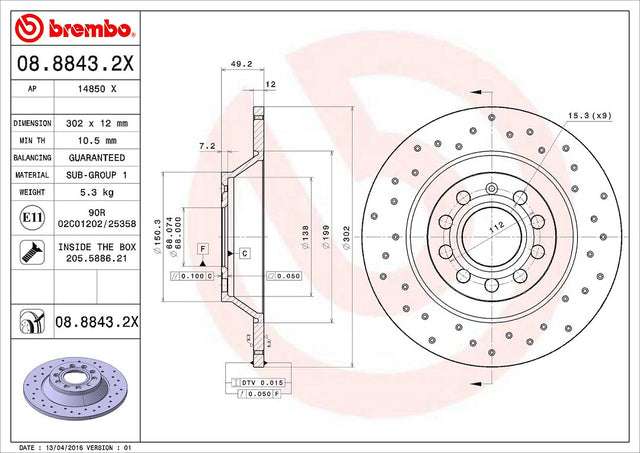 Product of Brembo 0888432XC02 Xtra Solid Cross Drilled 1 Piece Brake Rotor 