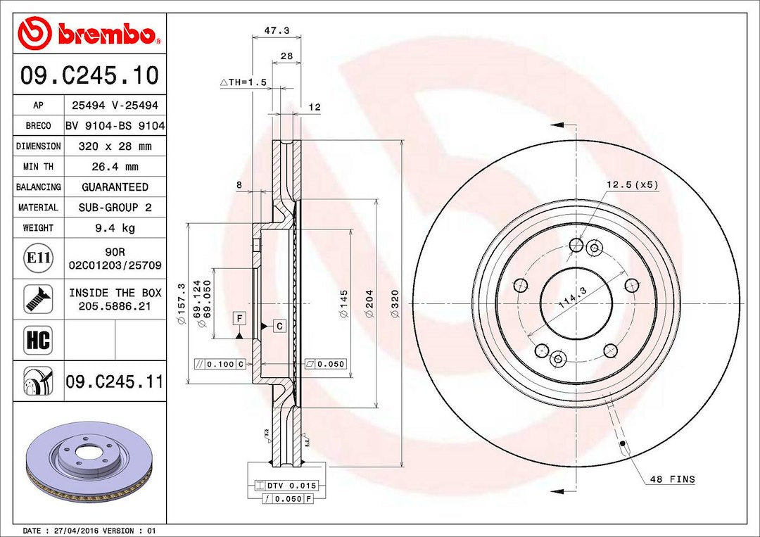 Product of Brembo 09C24511C02 Vented 1 Piece Brake Rotor 