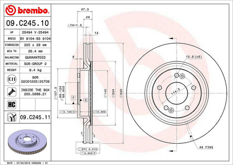 Product of Brembo 09C24511C02 Vented 1 Piece Brake Rotor 
