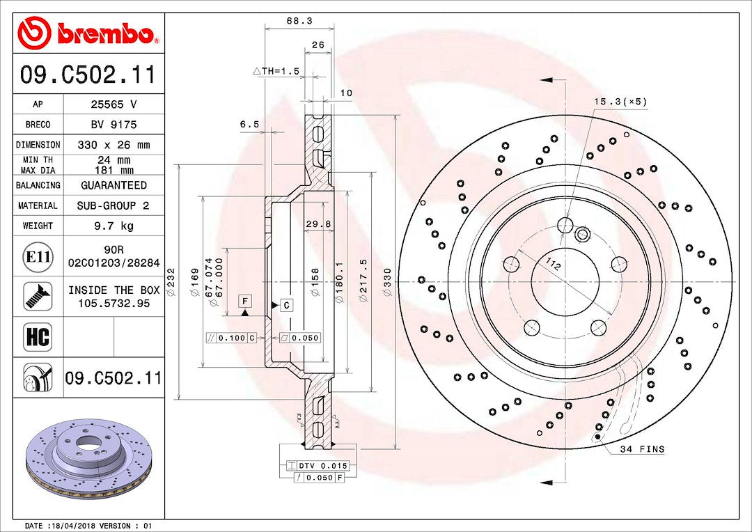 Product of Brembo 09C50211C02 Vented Cross Drilled 1 Piece Brake Rotor 
