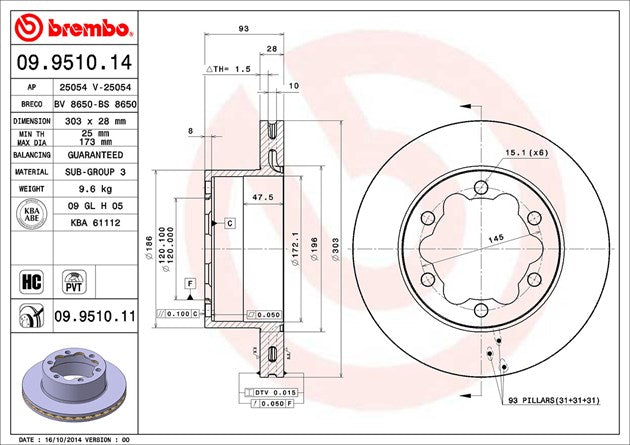 Brembo 09951014c02 Brake Rotor||||86||brm09951014||1890147