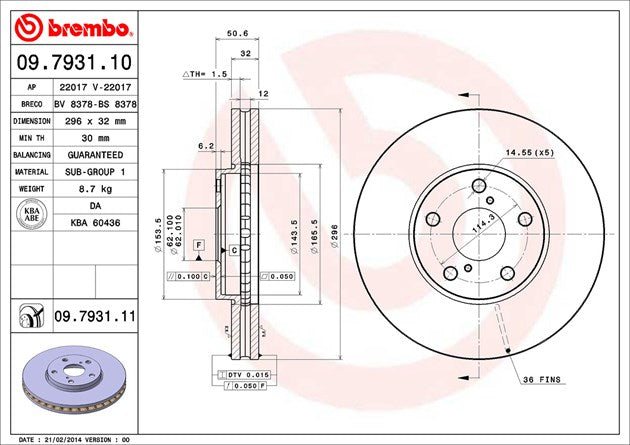Product of Brembo 09793111C02 Vented 1 Piece Brake Rotor 