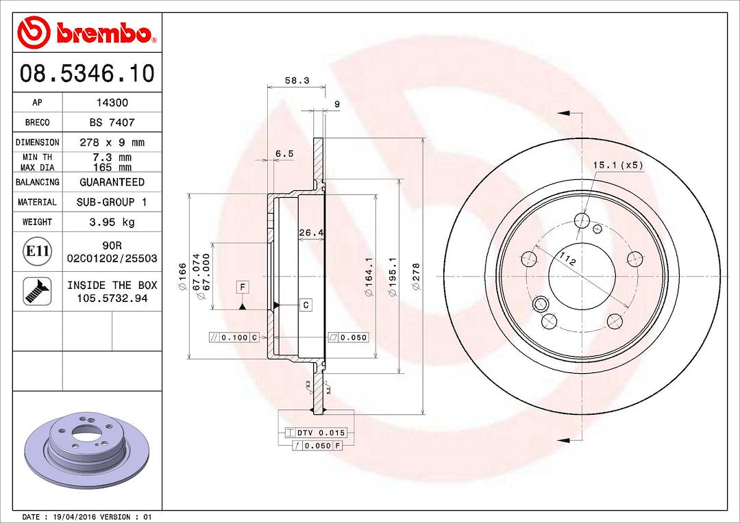 Product of Brembo 08534610C02 Solid 1 Piece Brake Rotor 