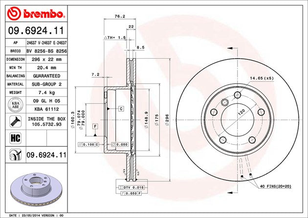 Product of Brembo 09692411C02 Vented 1 Piece Brake Rotor 