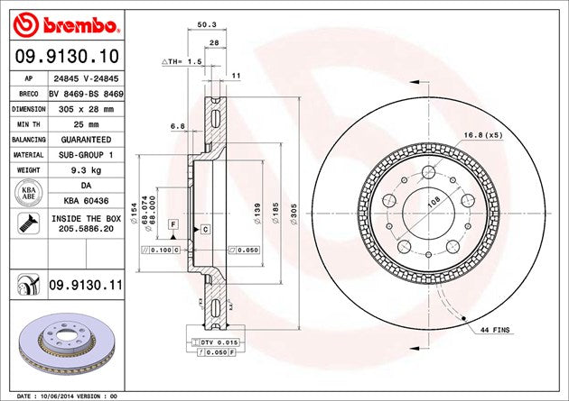 Product of Brembo 09913011C02 Vented 1 Piece Brake Rotor 