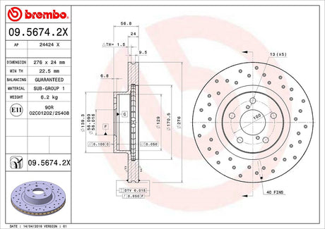 Product of Brembo 0956742XC02 Xtra Vented Cross Drilled 1 Piece Brake Rotor 