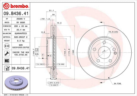 Product of Brembo 09B43641C02 Vented 1 Piece Brake Rotor 