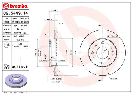 Product of Brembo 09544911C02 Vented 1 Piece Brake Rotor 