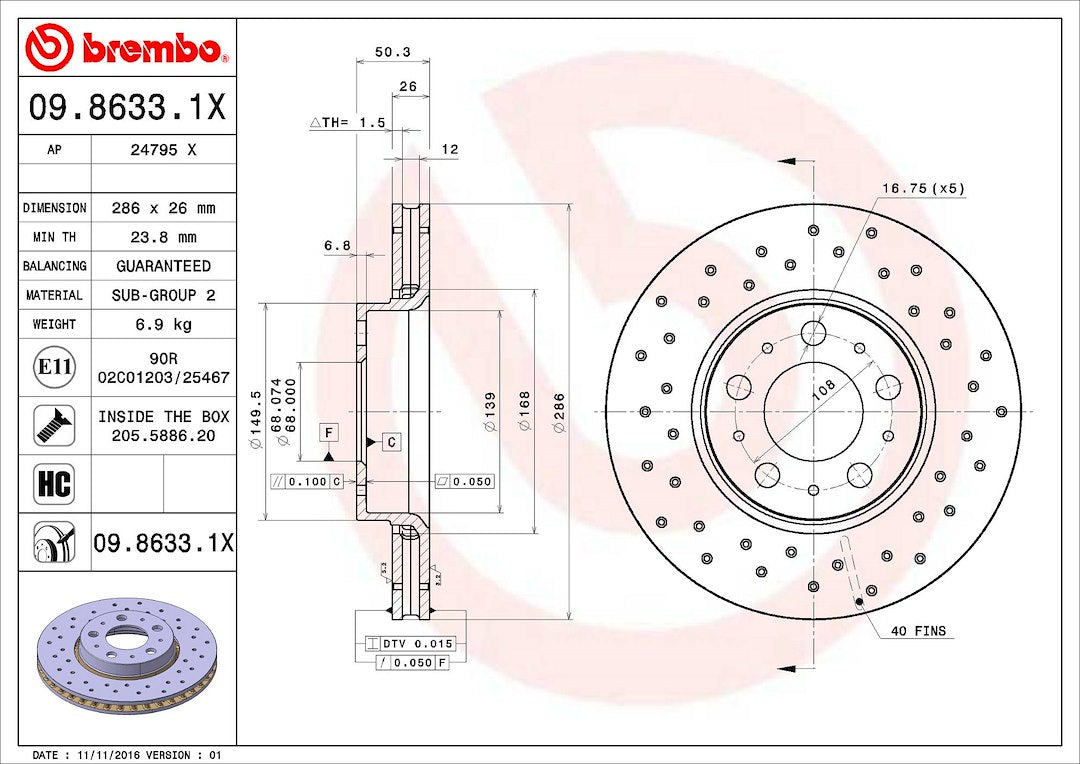 Product of Brembo 0986331XC02 Xtra Vented Cross Drilled 1 Piece Brake Rotor 