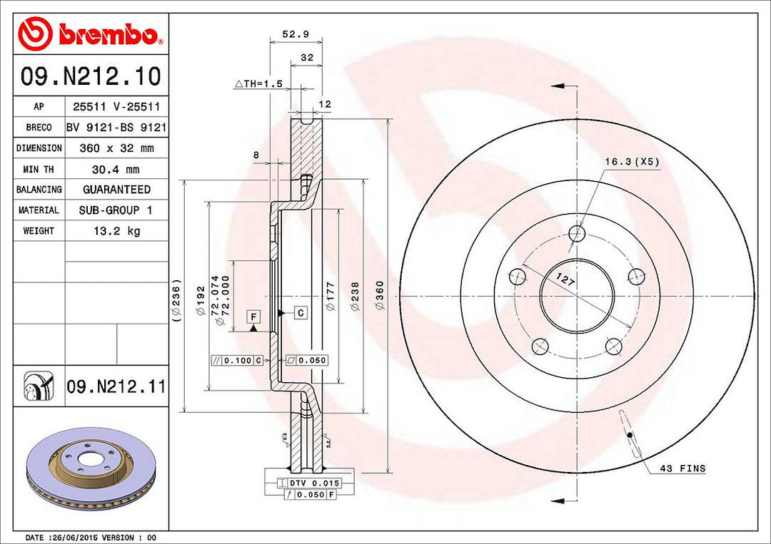 Product of Brembo 09N21211C02 Vented 1 Piece Brake Rotor 