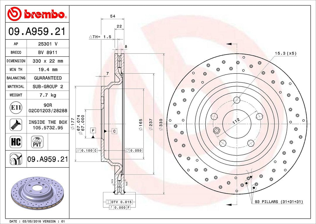 Product of Brembo 09A95921C02 Vented Cross Drilled 1 Piece Brake Rotor 