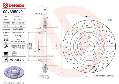 Product of Brembo 09A95921C02 Vented Cross Drilled 1 Piece Brake Rotor 