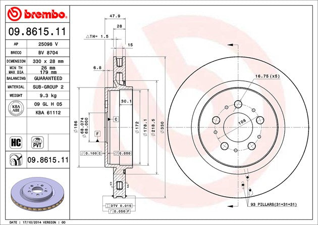 Product of Brembo 09861511C02 Vented 1 Piece Brake Rotor 