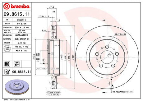 Product of Brembo 09861511C02 Vented 1 Piece Brake Rotor 