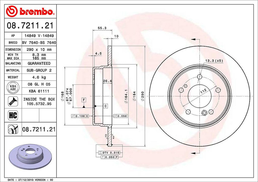 Product of Brembo 08721121C02 Solid 1 Piece Brake Rotor 
