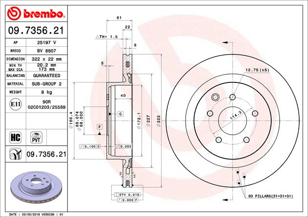 Product of Brembo 09735621C02 Vented 1 Piece Brake Rotor 