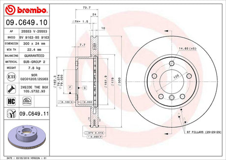 Product of Brembo 09C64911C02 Vented 1 Piece Brake Rotor 