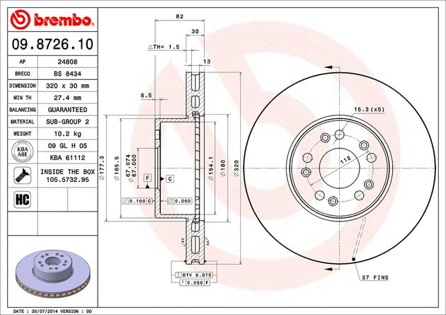 Product of Brembo 09872610C02 Vented 1 Piece Brake Rotor 