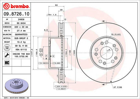 Product of Brembo 09872610C02 Vented 1 Piece Brake Rotor 