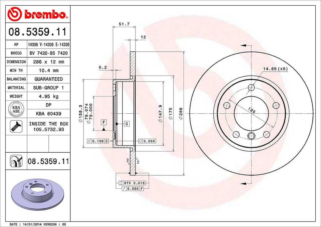 Product of Brembo 08535911C02 Solid 1 Piece Brake Rotor 