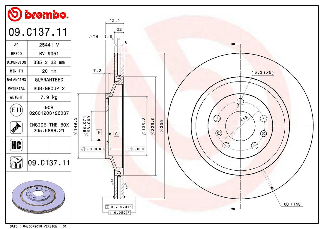 Product of Brembo 09C13711C02 Vented 1 Piece Brake Rotor 