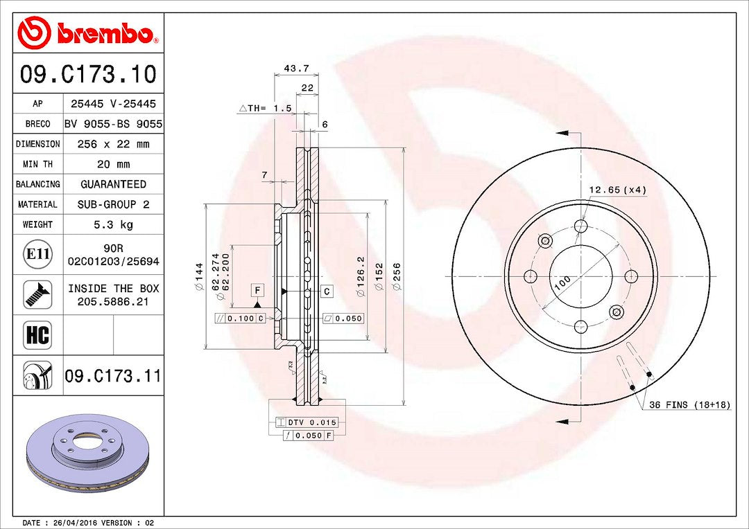 Product of Brembo 09C17311C02 Vented 1 Piece Brake Rotor 