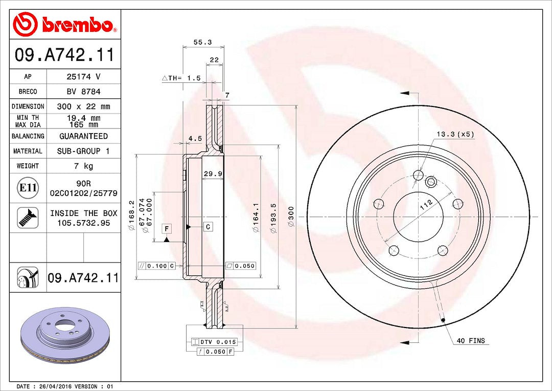 Product of Brembo 09A74211C02 Vented 1 Piece Brake Rotor 