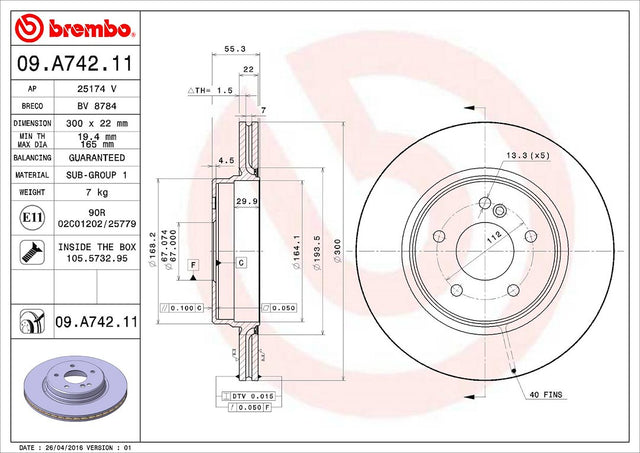 Product of Brembo 09A74211C02 Vented 1 Piece Brake Rotor 