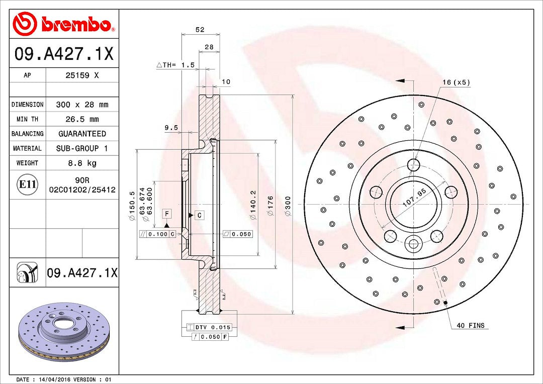 Product of Brembo 09A4271XC02 Xtra Vented Cross Drilled 1 Piece Brake Rotor 