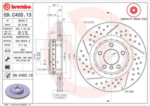 Product of Brembo 09C40013C02 Vented Cross Drilled 1 Piece Brake Rotor 