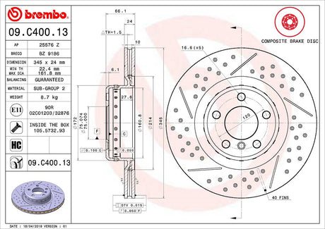 Product of Brembo 09C40013C02 Vented Cross Drilled 1 Piece Brake Rotor 