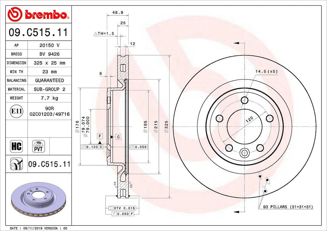 Product of Brembo 09C51511C02 Vented 1 Piece Brake Rotor 