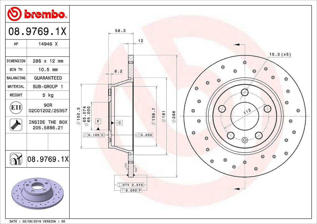 Product of Brembo 0897691XC02 Xtra Solid Cross Drilled 1 Piece Brake Rotor 