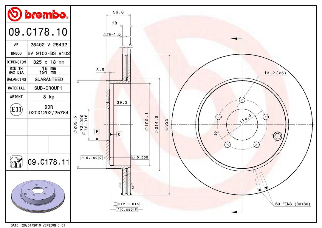 Product of Brembo 09C17811C02 Vented 1 Piece Brake Rotor 