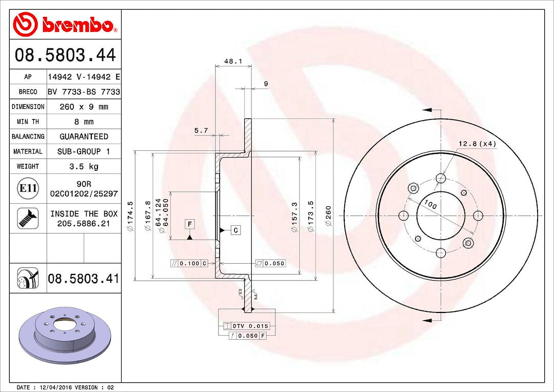 Product of Brembo 08580341C02 Solid 1 Piece Brake Rotor 