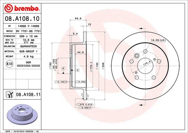 Product of Brembo 08A10811C02 Solid 1 Piece Brake Rotor 