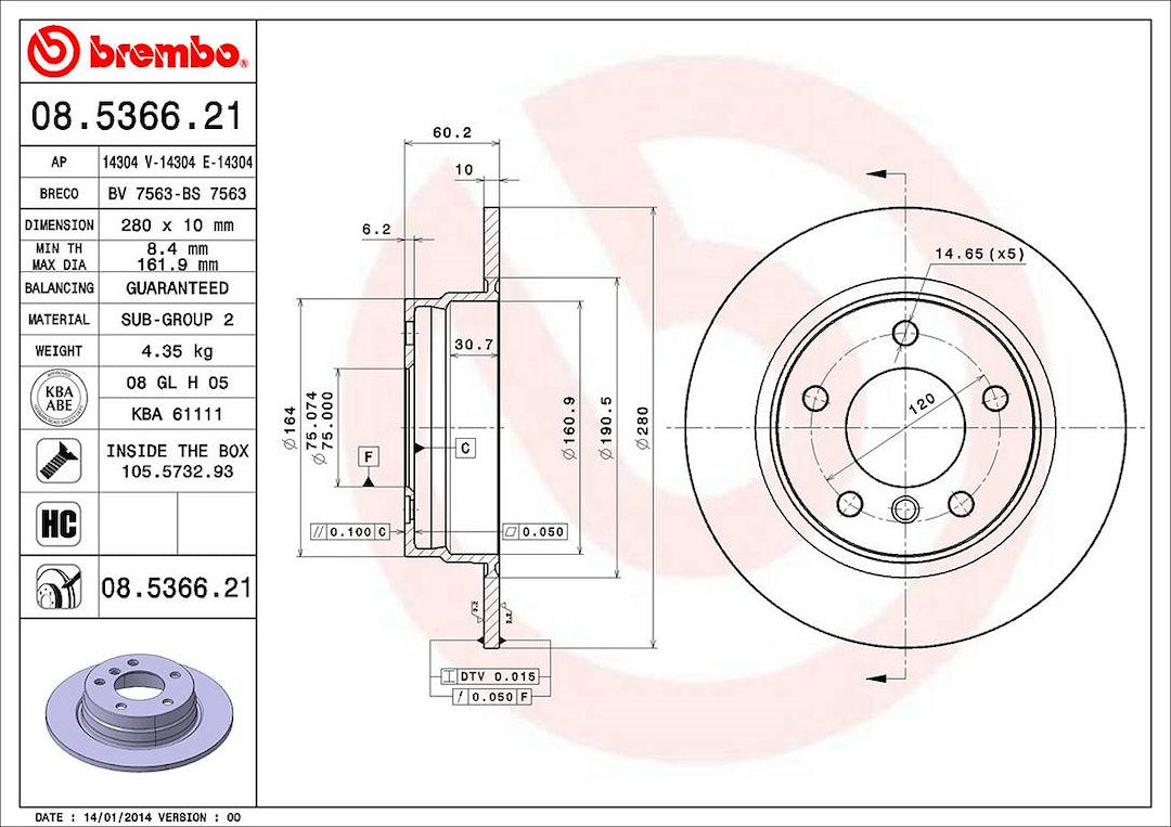 Product of Brembo 08536621C02 Solid 1 Piece Brake Rotor 