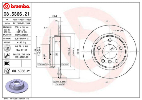 Product of Brembo 08536621C02 Solid 1 Piece Brake Rotor 