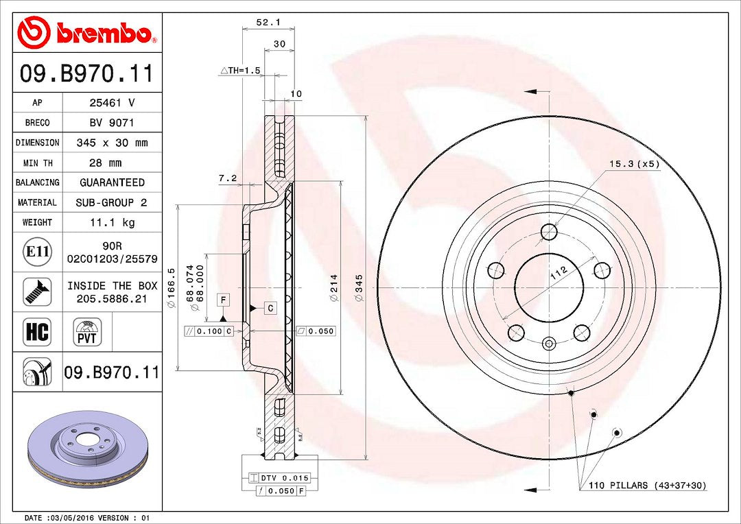 Product of Brembo 09B97011C02 Vented 1 Piece Brake Rotor 