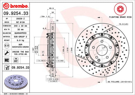 Product of Brembo 09925433C02 Vented Cross Drilled 1 Piece Brake Rotor 