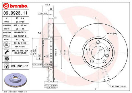 Product of Brembo 09992311C02 Vented 1 Piece Brake Rotor 