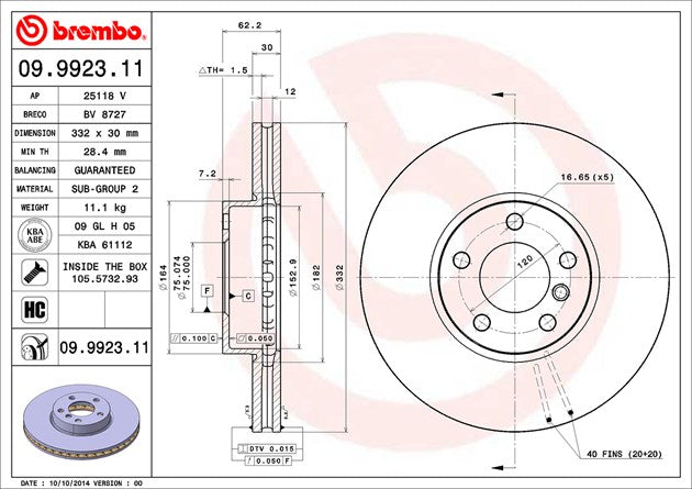 Product of Brembo 09992311C02 Vented 1 Piece Brake Rotor 