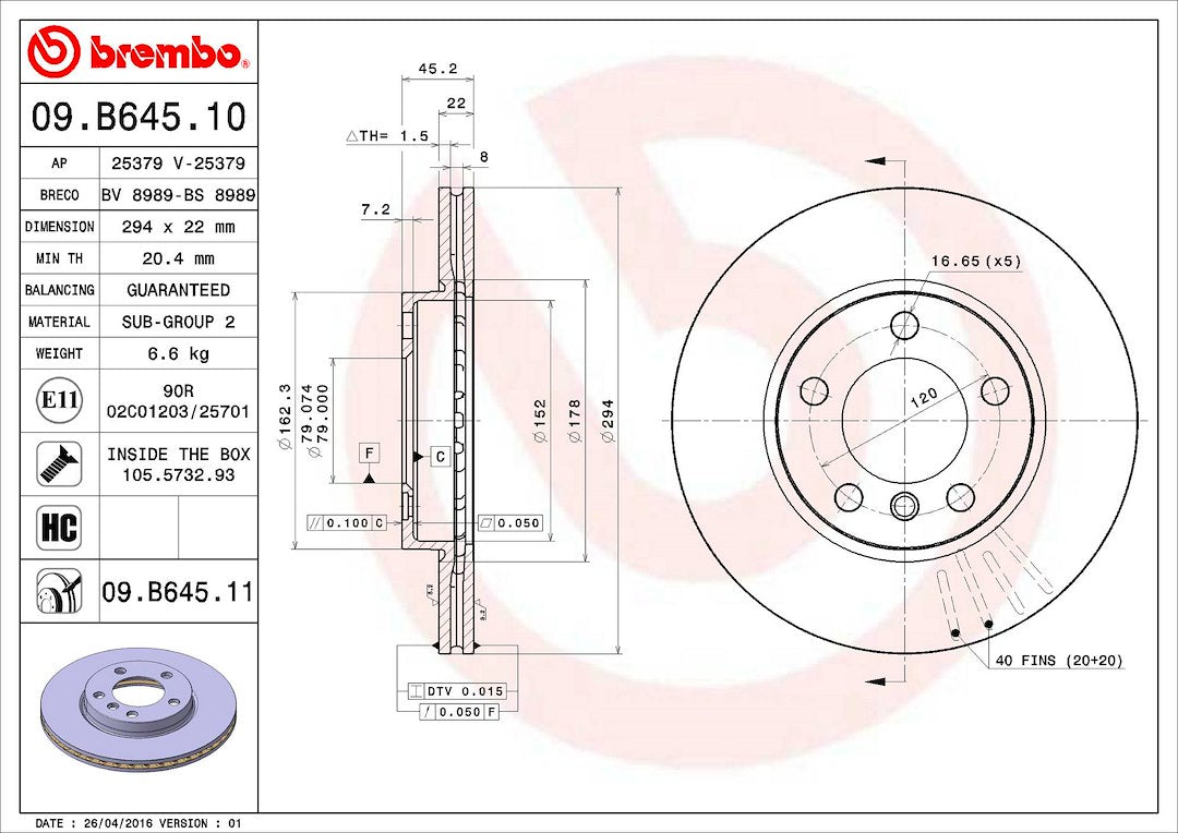 Product of Brembo 09B64511C02 Vented 1 Piece Brake Rotor 