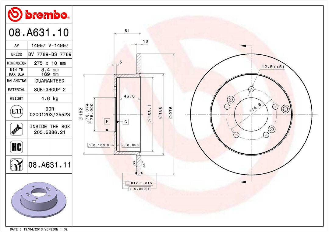 Product of Brembo 08A63111C02 Solid 1 Piece Brake Rotor 