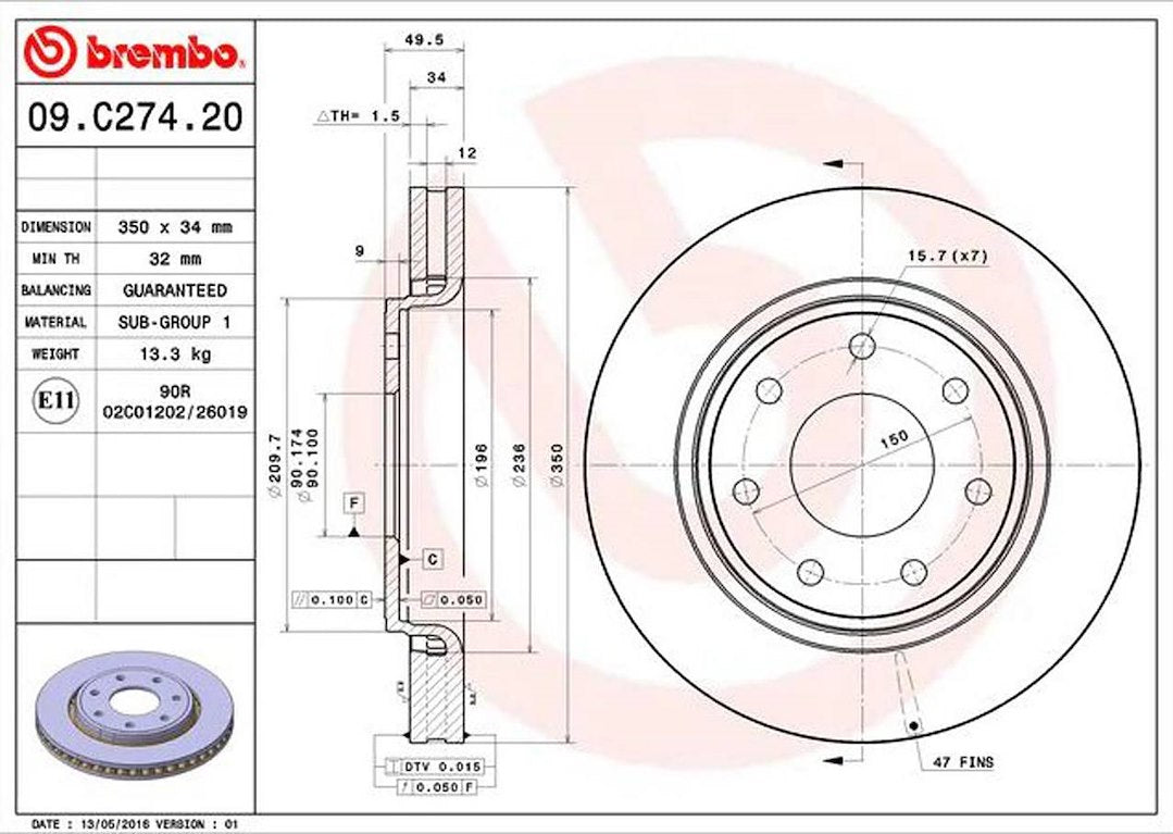 Product of Brembo 09C27421C02 Vented 1 Piece Brake Rotor 