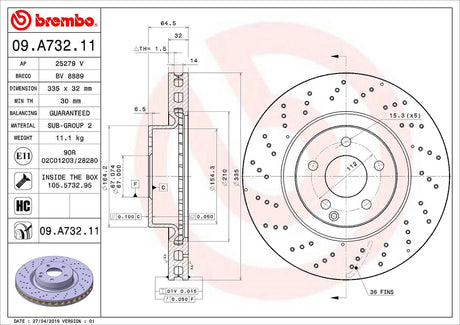 Product of Brembo 09A73211C02 Vented Cross Drilled 1 Piece Brake Rotor 