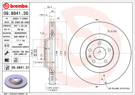 Product of Brembo 09884131C02 Vented 1 Piece Brake Rotor 