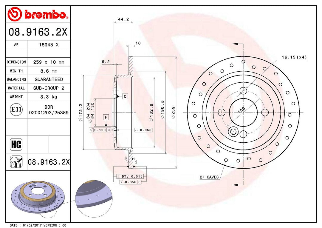 Product of Brembo 0891632XC02 Xtra Solid Cross Drilled 1 Piece Brake Rotor 