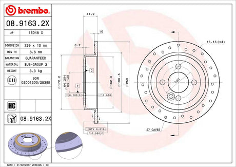 Product of Brembo 0891632XC02 Xtra Solid Cross Drilled 1 Piece Brake Rotor 